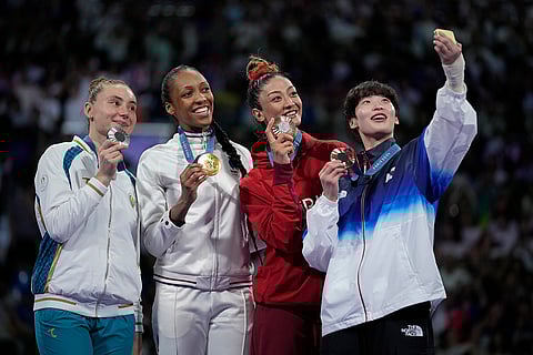 Women over 67kg Taekwondo: Uzbekistan's Svetlana Osipova (Silver), France's Althea Laurin (Gold), Turkey's Nafia Kus Aydin (Bronze) and South Korea's Lee Dabin (Bronze)